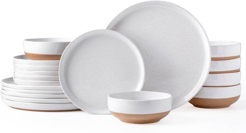 Amorarc Ceramic Dinnerware Sets for 4, 12 Pieces Handpainted Plates and Bowls Set with Rustic Terracotta Underside, Scratch Resistant Stoneware Dishes Set, Dishwasher & Microwave Safe, Light Beige