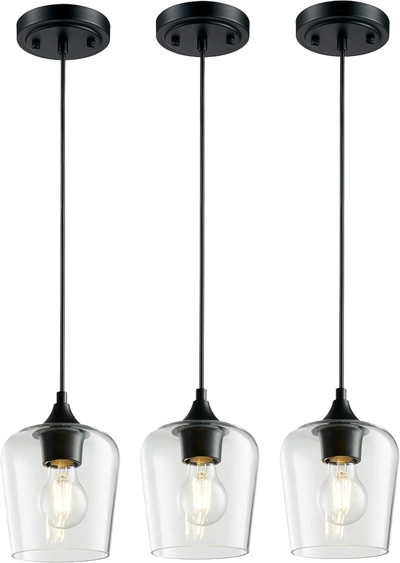 Hamilyeah 3 Light Pendant Light Fixture over Kitchen Island, Black and Gold Pendant Lighting for Living Room, Industrial Farmhouse Hanging Lamp Set of 3 with Champagne Glass Shade