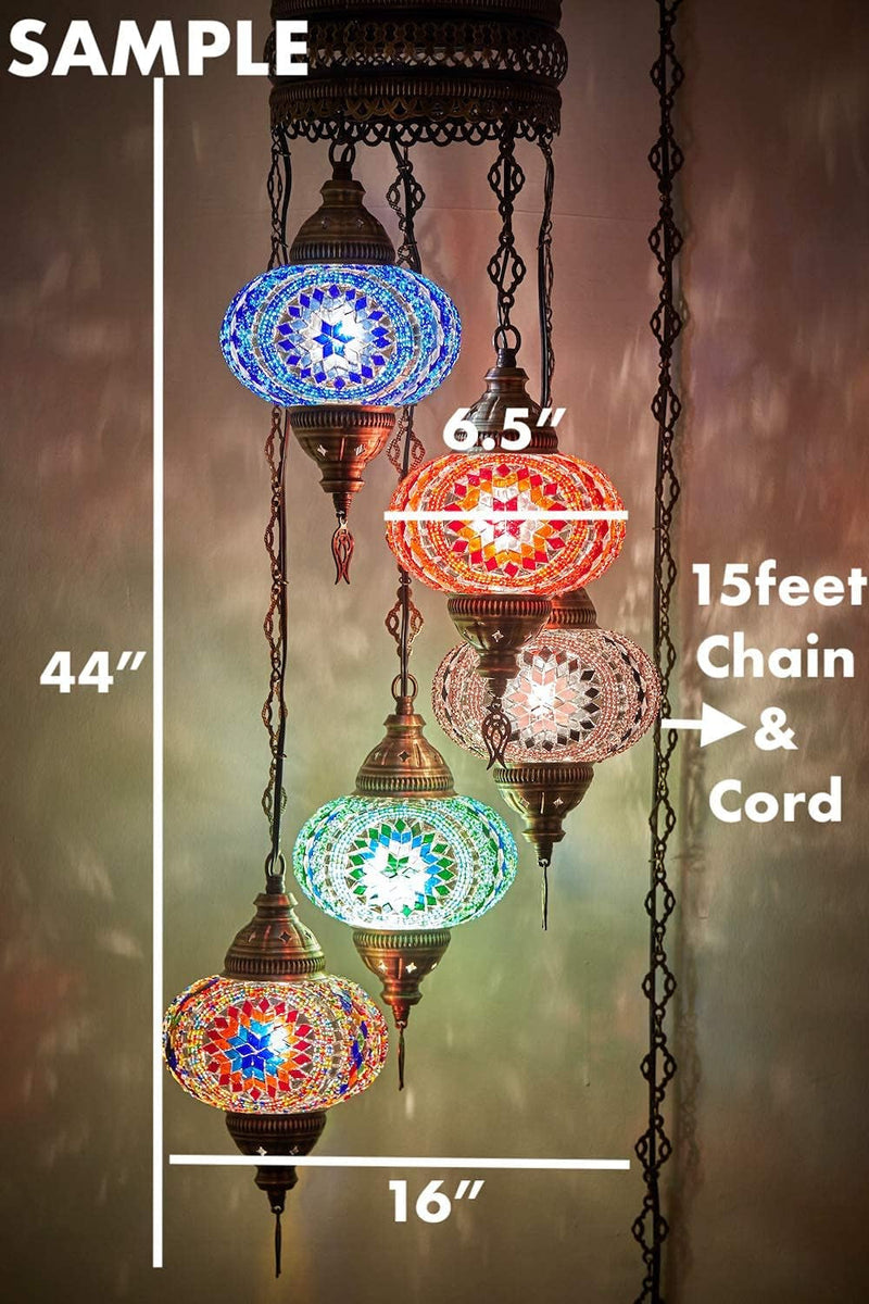 DEMMEX Swag Plug in Light, Turkish Moroccan Colorful Mosaic Stained Glass Wall Plug in Ceiling Hanging Light Chandelier Lighting with 15Feet Chain Cord & Plug, 5 Big Shades (Multicolor)