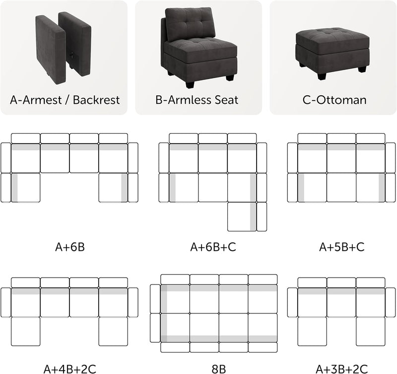 HONBAY Middle Seat Module for Velvet Modular Sectioanl Sofa, Accent Armless Chair with Storage, Grey