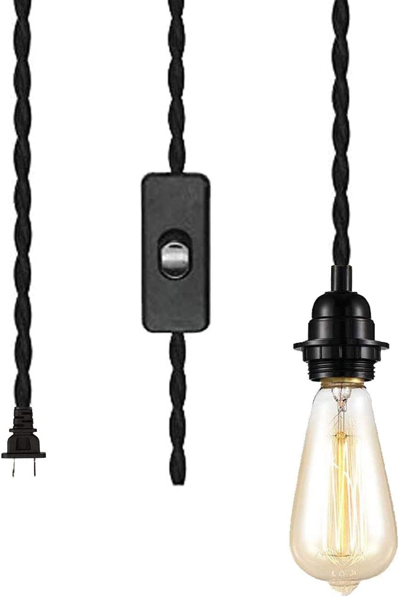 DIY 15Ft Plug in Black Pendant Light Cord - Industrial Vintage Ceiling Hanging Light Kit with Twisted Hemp Rope Switch Fabric Lamp Cord E26 Socket Set Edison Lighting Fixture Cable Farmhouse Kitchen