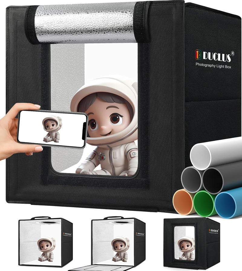 DUCLUS Light Box Photography, 12"X12" Professional Photo Booth Box with 8 Photo Backdrop, 112 LED Lights Dimmable & High CRI>95 Lightbox for Mini Product Photography: Jewelry, Miniature Models Etc.