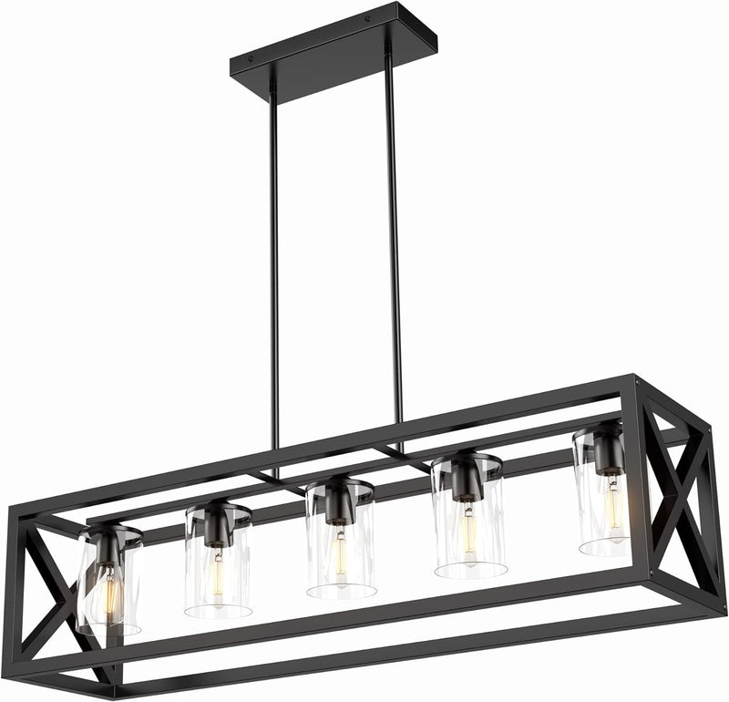 Espird Farmhouse Chandelier Rectangle Black, 5 Light Kitchen Island Cage Linear Pendant Lights Industrial Ceiling Light with Glass Shade & Adjustable Rods, Dining Room Lighting Fixtures over Table