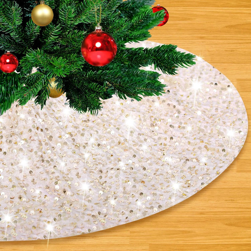 48 Inch Champagne Gold Xmas Tree Skirt Christmas Decorations Velvet Sequin Tree Skirt Cover New Year Party Indoor Holiday Tree Decorations