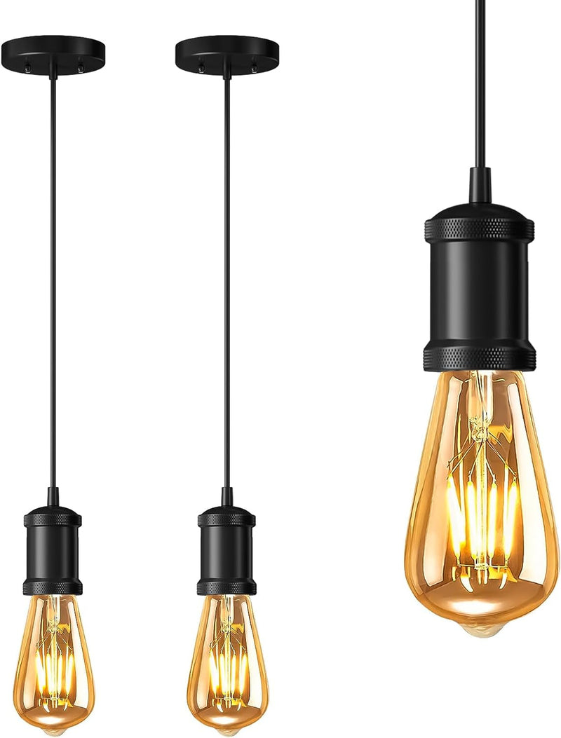 2-Pack Industrial Pendant Light Fixtures, E26/E27 Base, Vintage Style Black Hanging Cord, ETL Lamp Holder for Kitchen, Bedroom, Corridor - Bulbs Not Included
