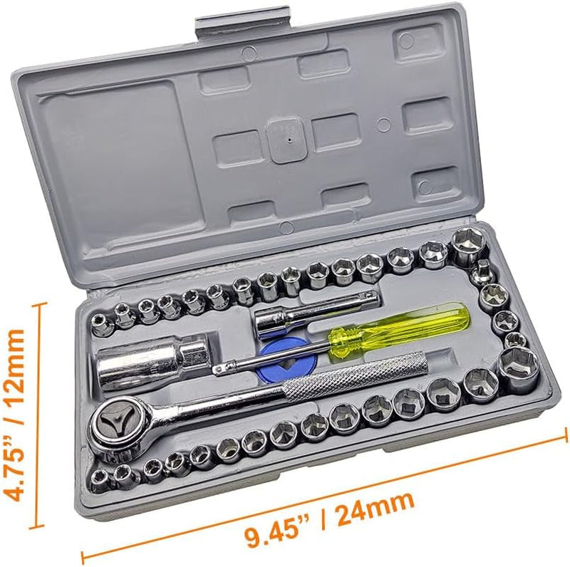40-Piece Sae/Metric Socket Set with Ratcheting Wrenches, 1/4" & 3/8" Drive, 6-Point Hex Socket Mechanics Kit for Versatile Repairs and Maintenance
