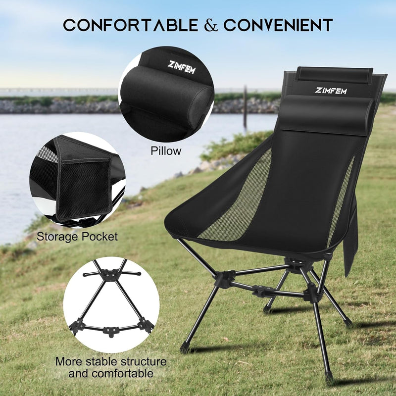 Camping Chairs, Portable Camping Chair with Headrest and Storage Bag, Lightweight Foldable Chair for outside Camping, Hiking, Travel, Beach and Sports