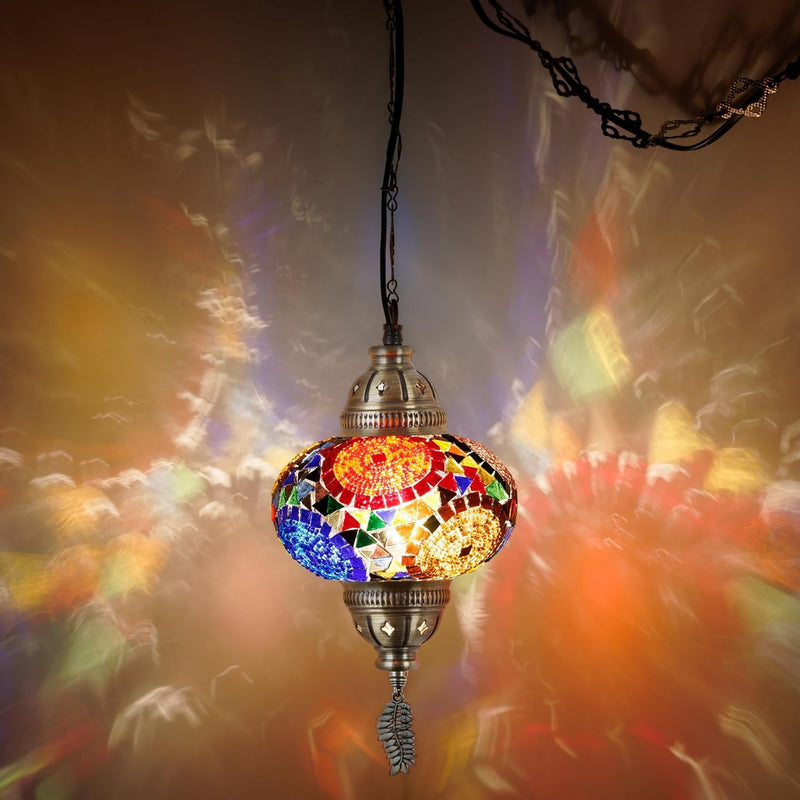 DEMMEX Authentic Turkish Plug in Pendant Light, 6.5" Big Size Globe, Made in Turkey, Turkish Moroccan Mosaic Ceiling Hanging Pendant Light Fixture Lamp, Swag Plug in with 15Ft Cord and Chain