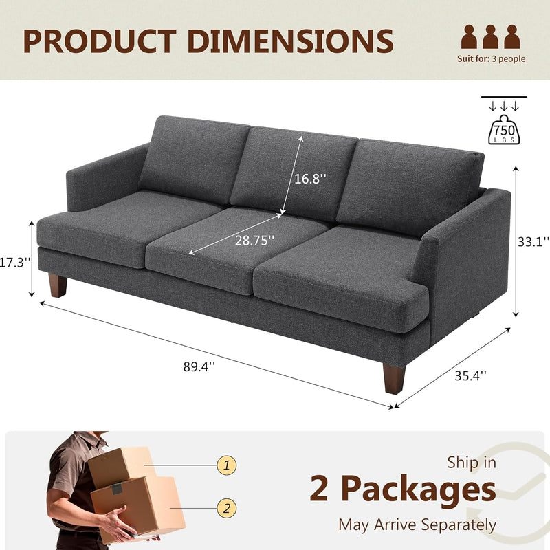 3 Seater Sofa Couch with Deep Seats, 89" Mid Century Modern Upholstered Sofa with Armrests, Comfy Couches for Living Room, Bedroom, Apartment and Office (Dark Grey)
