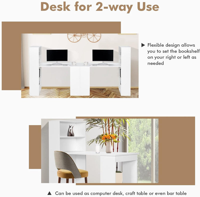 COSTWAY White Computer Desk with Shelves, 48” Study Writing Desk with 6-Tier Storage Shelves, Reversible Study Workstation W/Wide Base for Home, Office & Dorm, Easy Assembly