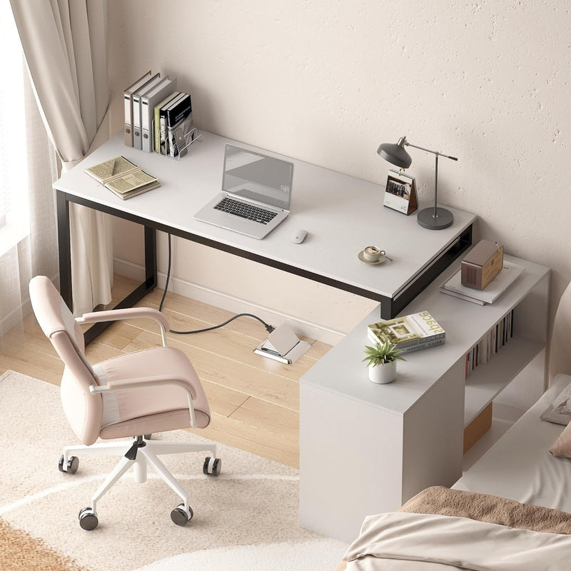 Computer Desk with Drawers and Shelves,55 Inch Large L Shaped Office Desk with Storage,Writing Study Desk with Power Outlets,Corner White Gaming Desk for Home Office