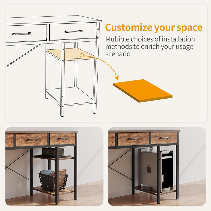 Cubicubi 47 Inch Computer Desk with 3 Drawers and Storage Shelves, Small Home Office Desk, Study Writing Table, Simple Desk for Bedroom, Rustic Brown