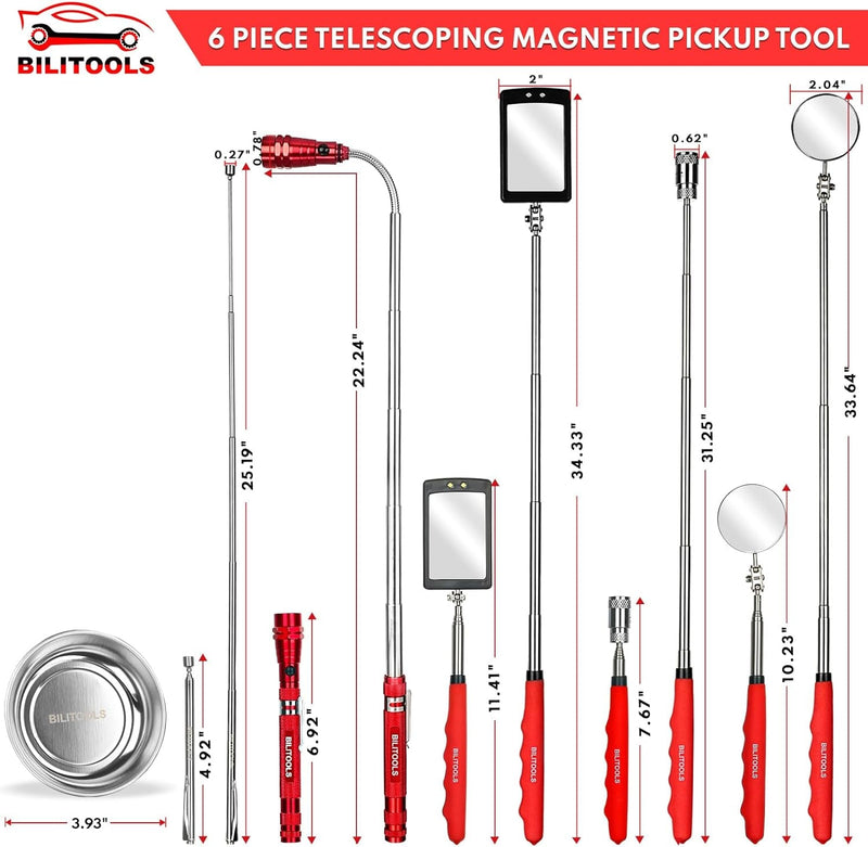 BILITOOLS Premium 6 Piece Extendable Magnetic Pickup Tool Set, Telescoping Mechanic Tool Set with Magnetic Rods, Flashlight, Inspection Mirrors & Magnetic Tray. Gift for Men Dad Husband &Brother.