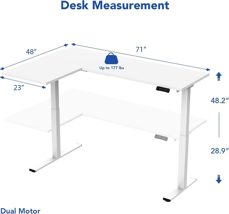 FLEXISPOT Corner Desk Dual Motor L Shaped Computer Electric Standing Sit Stand up Desk Height Adjustable Home Office Table with Splice Board, 71X48 White