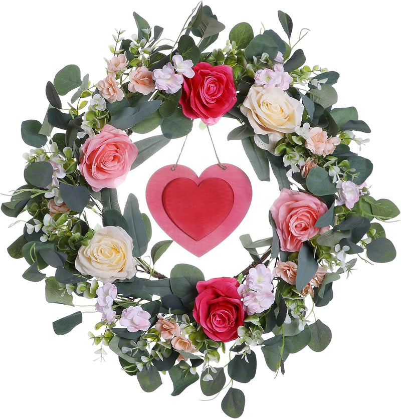 20 Inch Valentine’S Day Wreath,Rose Flower Wreath with Eucalyptus Leaves Wooden Heart for Front Door Wall Window Decor and Valentine’S Day Wedding Anniversary Party Decorations