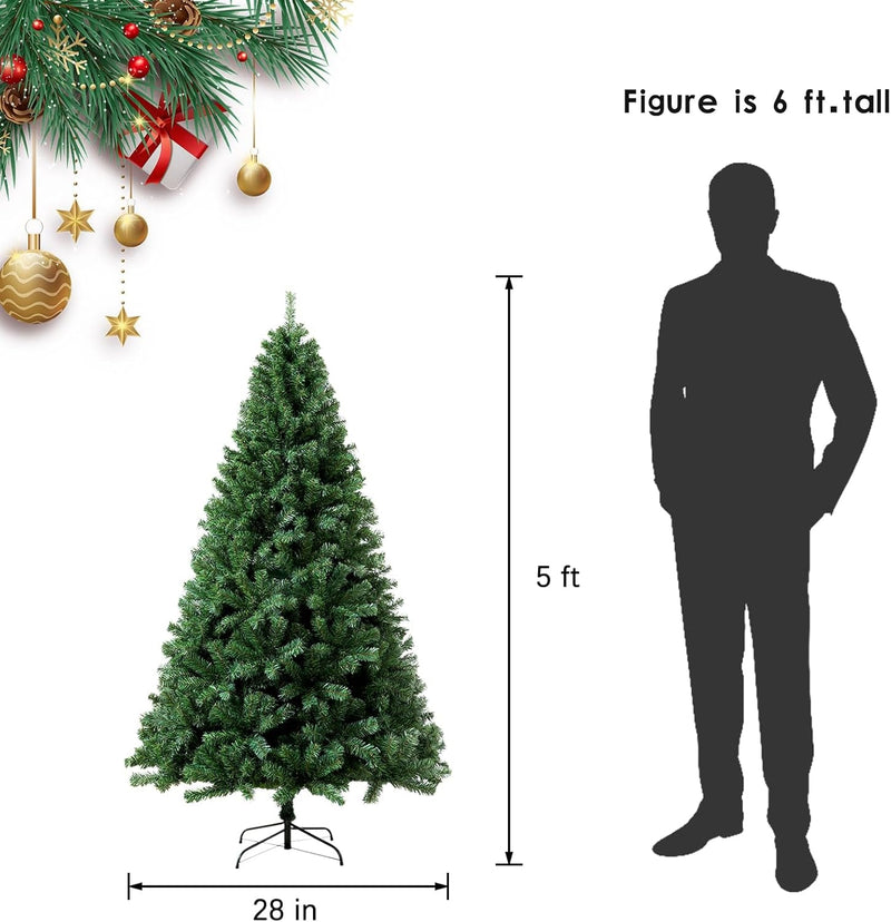 5Ft Prelit Artificial Christmas Tree with 200 Lights, Arbol De Navidad with 600 Branch Tips, Fake Christmas Tree Prelit, Premium Spruce Xmas Tree with Fold-Able Metal Base Stand