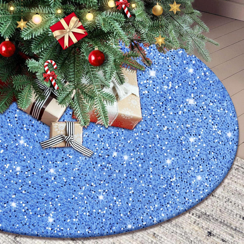 FUHSY Glitter Christmas Tree Skirt 46 Inches Light Blue Velvet Christmas Tree Skirt Farmhouse Tree Skirt for Large Xmas Tree Skirts Sequin Christmas Tree Collar for Family Reunion Birthday Party Decor