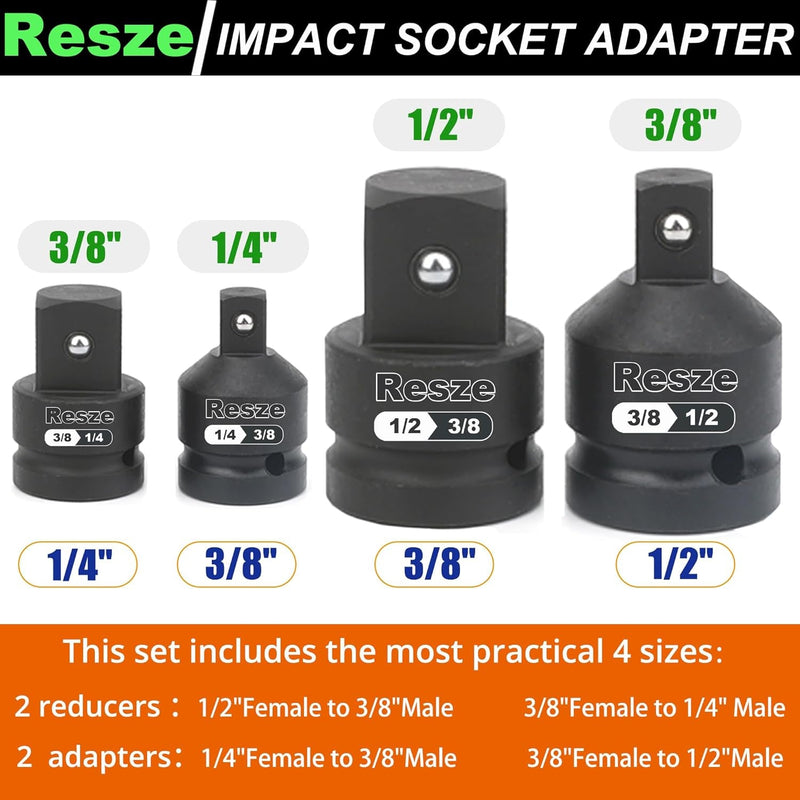 4PCS Impact Socket Adapter and Reducer Set,1/2"To 3/8" & 3/8"To 1/2"& 3/8"To 1/4"& 1/4"To 3/8"Drive Socket Adapter Set, Square Adapter Breaker Bar Wrench Conversion Kit Mechanic Tools