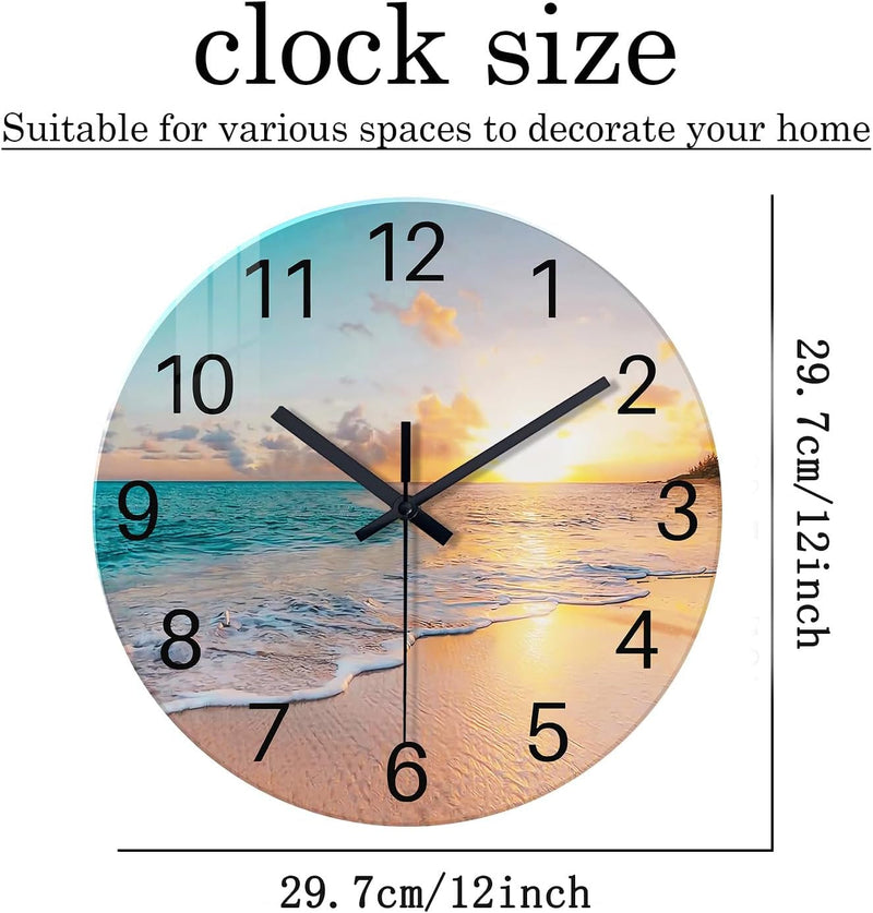 Beach Wall Clock Battery Operated 12 Inch - Glass Wall Clock Non Ticking - Analog Blue Wall Clock for Bedroom Living Room Kitchen Bathroom Office