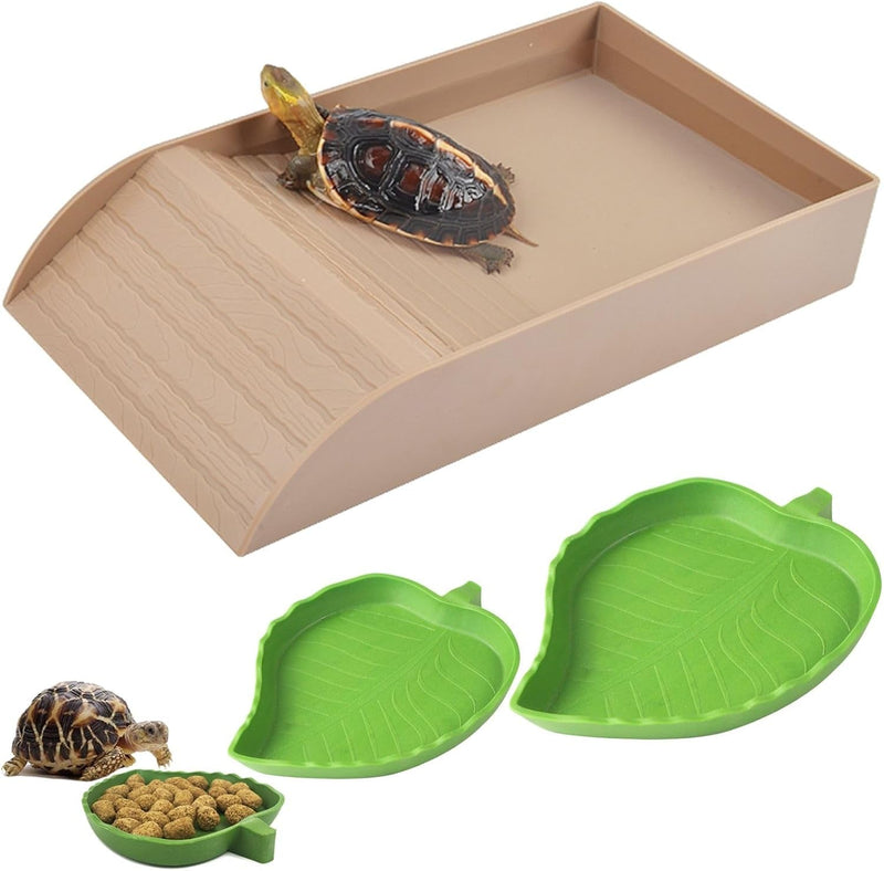 3Pcs Tortoise Food Dish with Ramp and Basking Platform Leaf Tortoise Water Food Bowls Reptile Water Dish Turtle Reptile Pool for Amphibians Brown