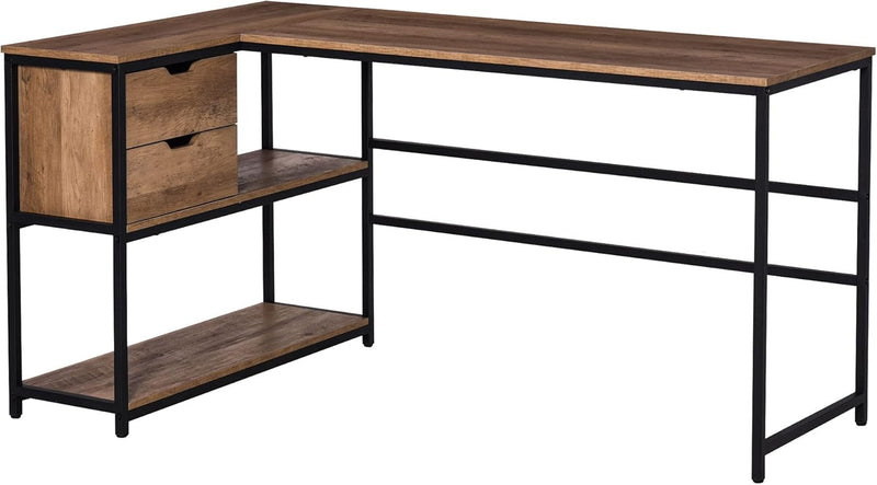 HOMCOM L-Shaped Home Offie Computer Desk with Storage Shelves, 2 Dawers and Industrial Steel Frame, Black/Brown