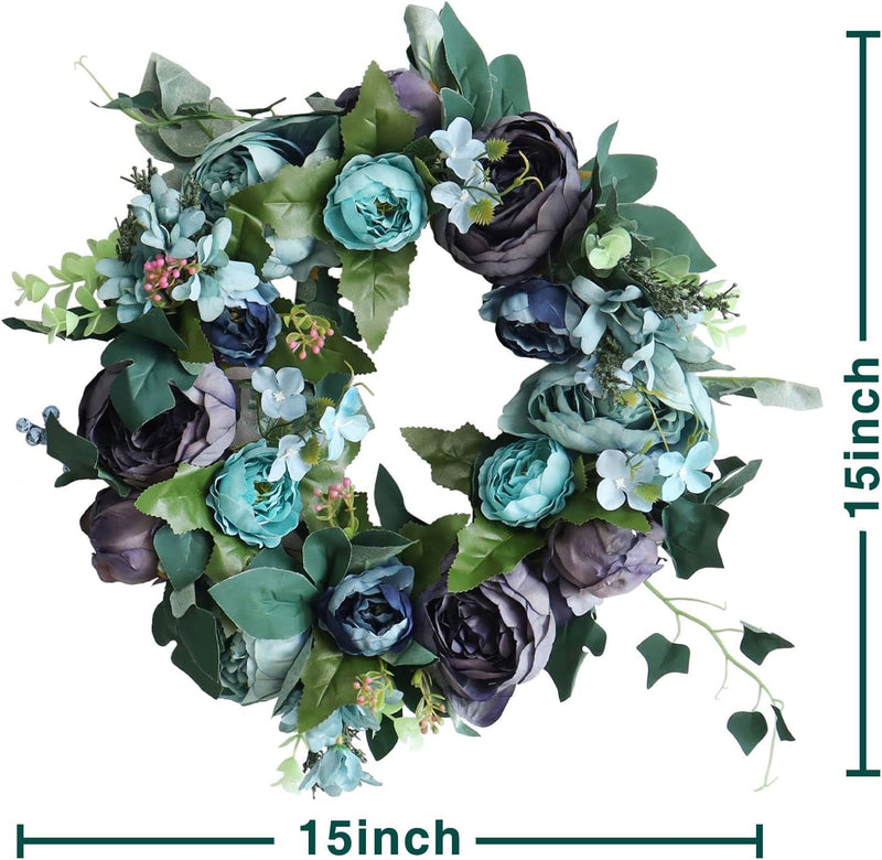 Artificial Peony Flower Wreath Door Wreath with Green Leaves Spring Wreath for Front Door, Wedding, Wall, Home Decor Blue