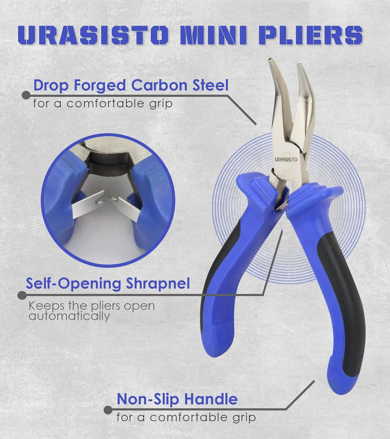 6 Pcs Mini Pliers Set - Long, Bent, Needle Nose, Diagonal, End Cut, Combination - Spring Loaded Handle, 5 Inch - Mechanic, Craftsman Basic Tool Kit - Roll up Carry Bag Included