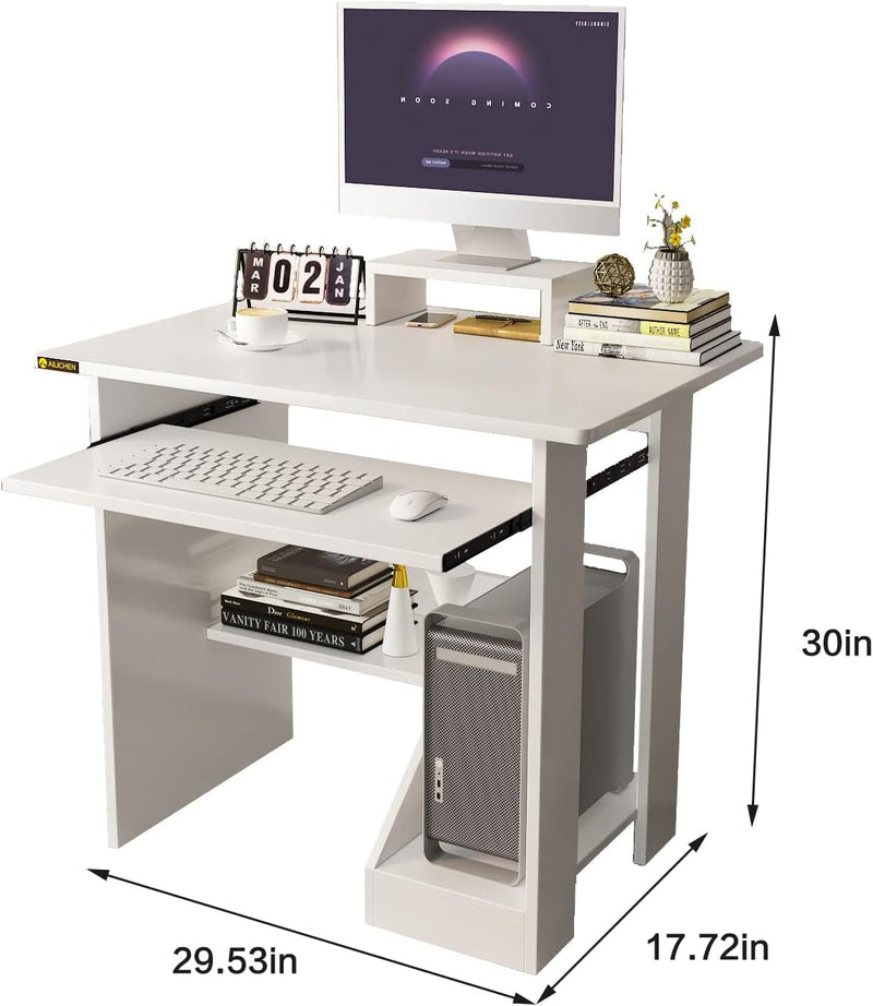 29.53" Computer Desk with Keyboard Tray Storage Shelf Monitor Home Office Writing Desk Small Study Table Workstation Gaming Computer Desk for Small Spaces,White