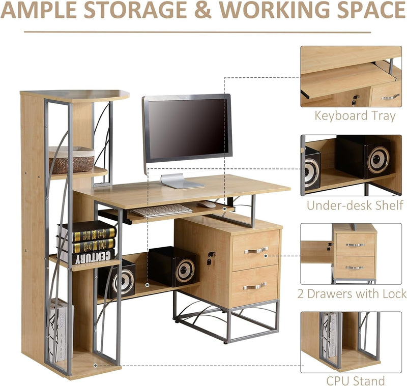 HOMCOM Modern Computer Desk with 4-Tier Bookshelf, Home Office Writing Table Workstation with Tower Storage Shelves Keyboard Tray & Lockable Drawers, Natural