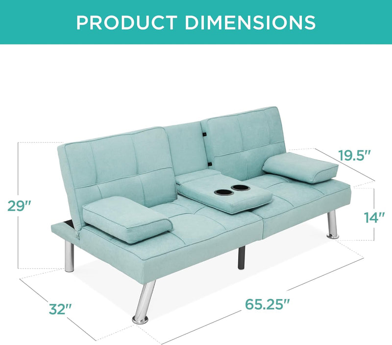 Best Choice Products Linen Modern Folding Futon, Reclining Sofa Bed for Apartment, Dorm W/Removable Armrests, 2 Cupholders - Aqua