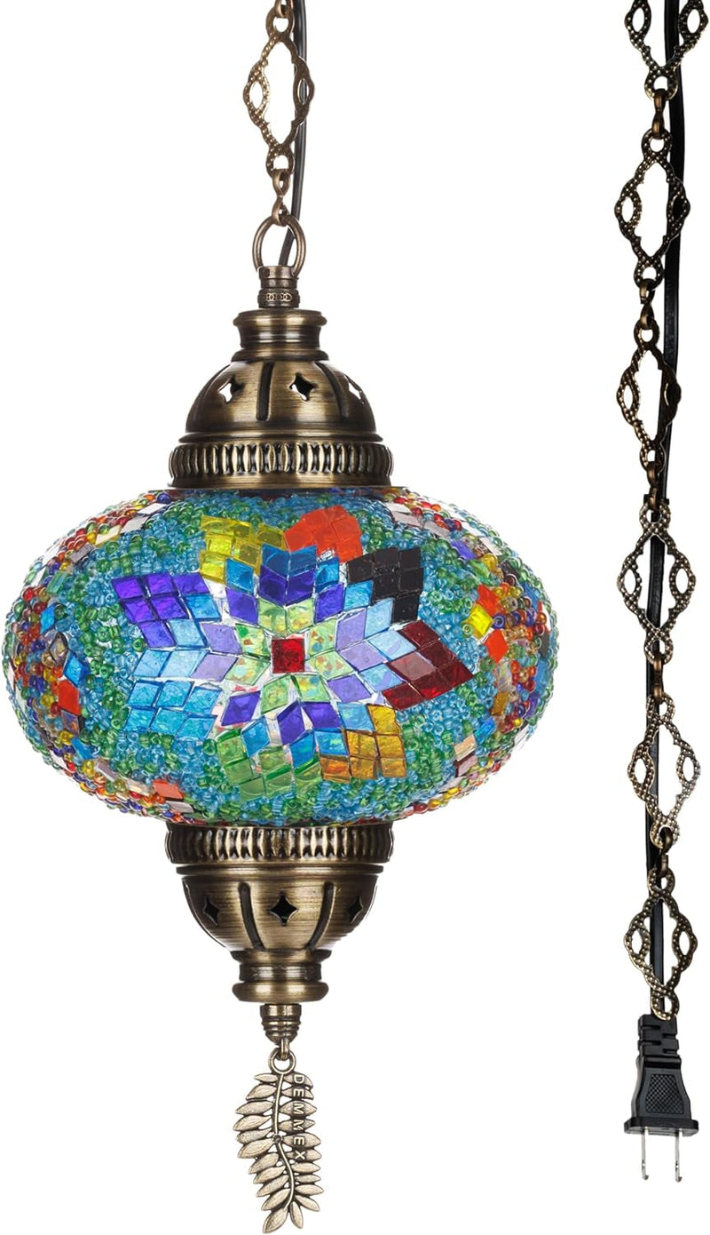 DEMMEX Authentic Turkish Plug in Pendant Light, 6.5" Big Size Globe, Made in Turkey, Turkish Moroccan Mosaic Ceiling Hanging Pendant Light Fixture Lamp, Swag Plug in with 15Ft Cord and Chain