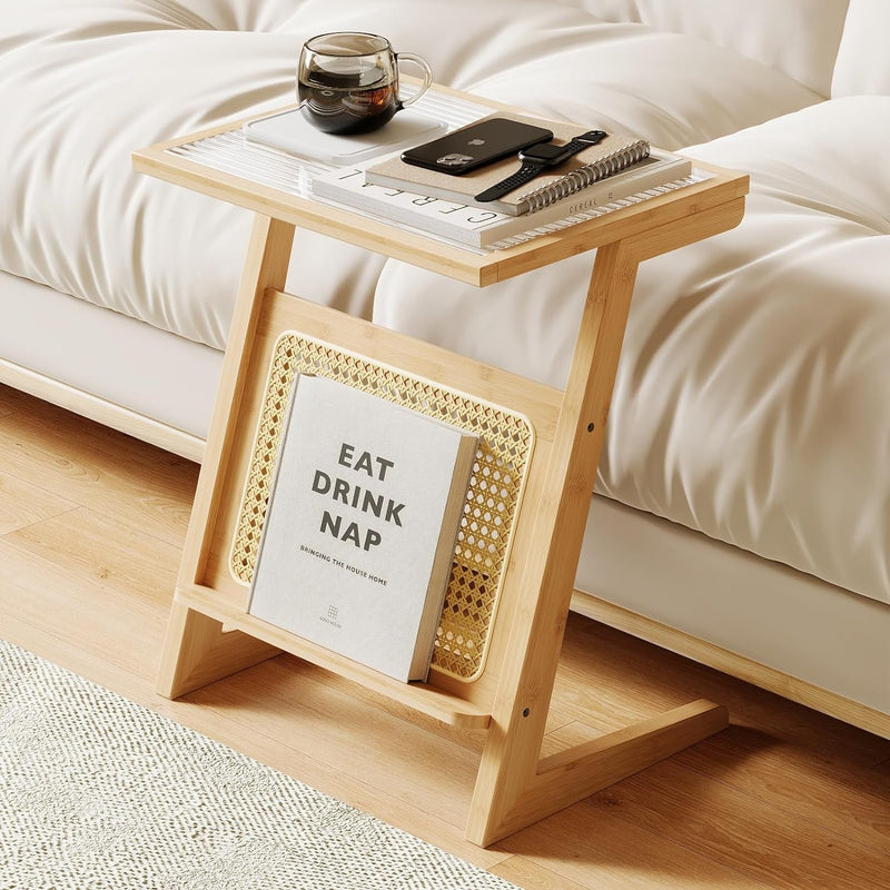 Bamworld Rattan Side Table Boho Night Stand Glass Bedside Small End Tables Bamboo Bedroom Coffee Table with Storage for Living Room and Outdoor Nature
