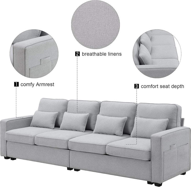 Bellemave Upholstered Sofa Couch with Armrest Pockets and 4 Pillows, 4-Seater Modern Linen Fabric Sofa Minimalist Style Couches for Living Room, Apartment, Office (Light Grey)