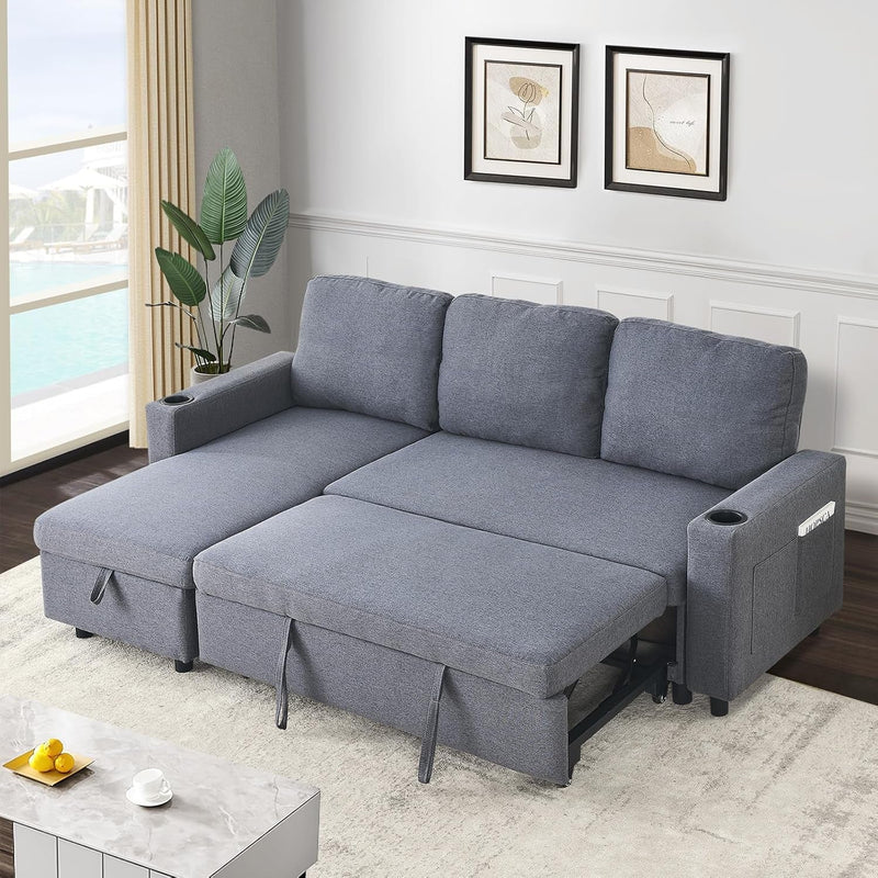 Antetek Reversible Sectional Sofa Couch with Pull-Out Bed, Modern Linen L-Shaped Sleeper Sofa Bed with Storage Chaise/Cup Holder/Side Pocket, Furniture Set for Living Room, Small Space, Dark Grey