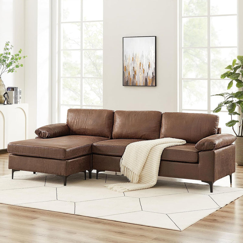 100" Sectional Sofa, Faux Leather Mid-Century Modern Reversible Couch, L Shaped 3-Seat Sofa Couch with Chaise for Living Room, Saddle Brown