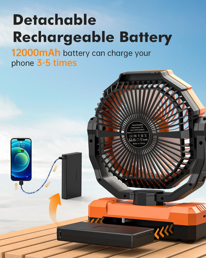 12000Mah Camping Fan - 9-Inch Detachable Rechargeable Battery Operated Fan with Light & Hook for Tent, Outdoor - USB Table Fan with 4 Speeds for Picnic, BBQ, Fishing, Travel, Gifts for Men/Women/Dad