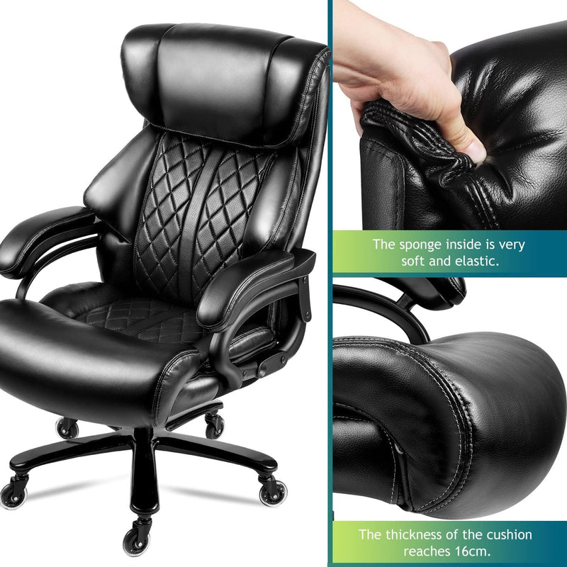 400Lbs Big and Tall Office Chair for Heavy People Executive Office Chair Wide Spring Seat Home Office Desk Chair with Heavy Duty Casters 360 Swivel Chair Computer PU Leather Chair (Black)