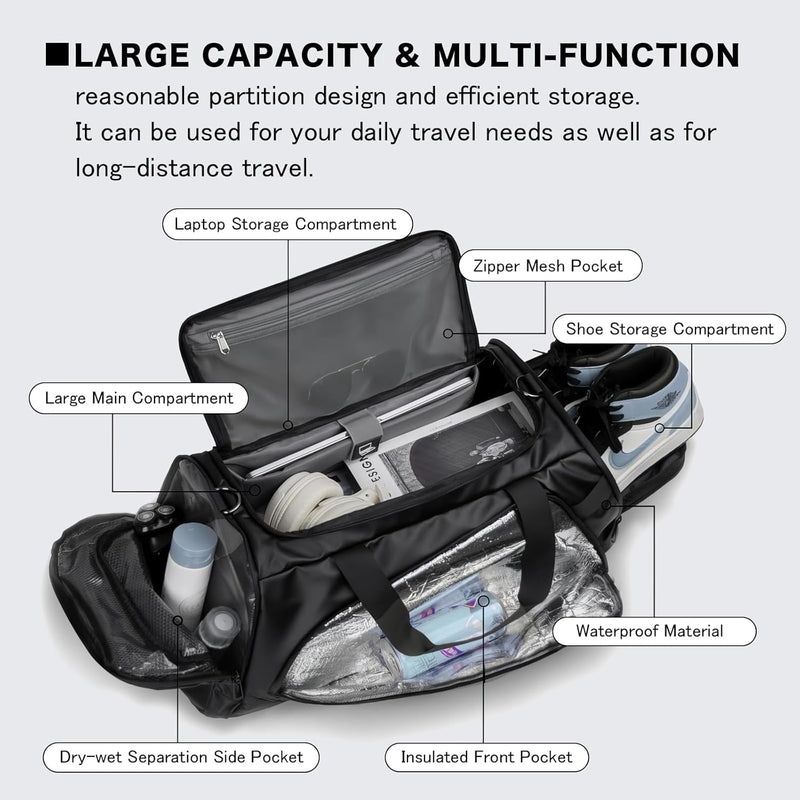 40L Travel Duffle Bag, 4-In-1 Large Gym Bag with Shoe & Wet Clothes and Laptop Compartments, Black