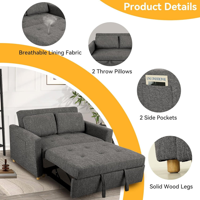 49" 2-Seater Loveseat Futon Sofa, 3-In-1 Convertible Sofa Bed, Linen Fabric Sleeper Couch Pull Out Bed with Spring Support,Adjustable Backrest, 2 Pillows for Living Room