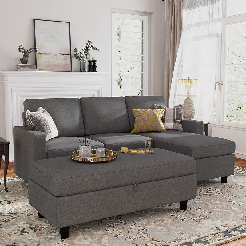 HONBAY Reversible Sectional Couch with Chaise Modern Linen Fabric L Shape Sofa for Apartment Sectional Set with Ottoman in Bluish Grey