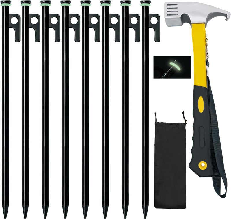 8/12/16Pack Tent Stake with Hammer, 8/10/12/16In Heavy Duty Tent Stakes + 10In Tent Stakes Hammer+Storage Pouch, Forged Steel Tent Stakes Used on Rocks (12 Pack 10In Tent Stakes+Hammer)