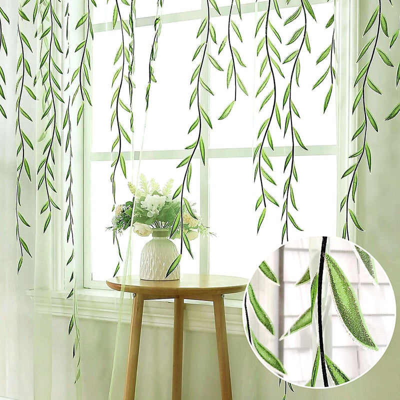 BROSHAN Green Sheer Window Curtains-Pocket Design Sheer Curtains Pretty Vine Curtains 2 Panels Leaf Pattern Curtain Sheers Voile Sheer Window Curtain Panels for Kids Bedroom Living Room Nursery