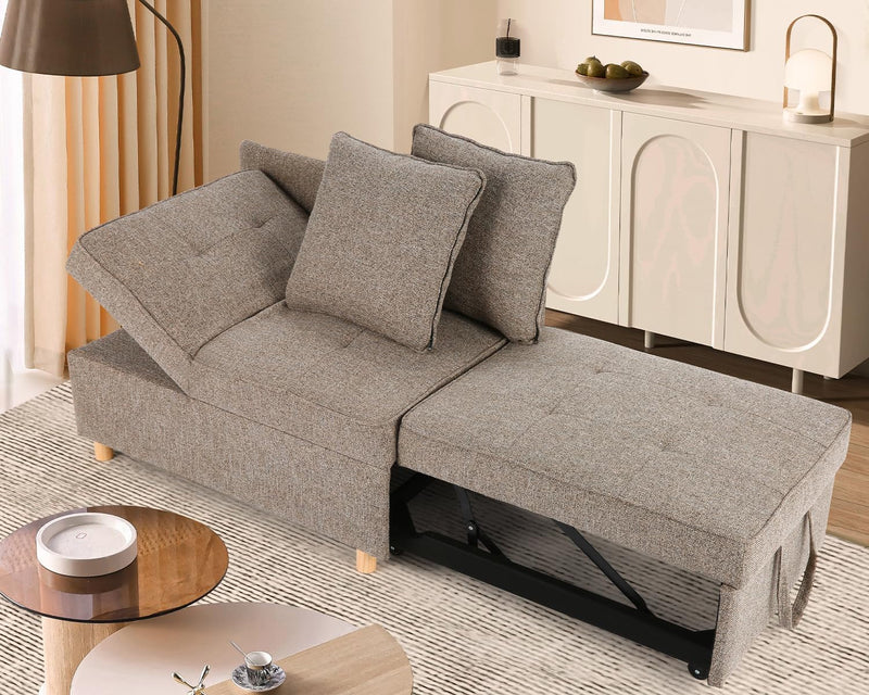4-In-1 Convertible Sofa Bed, Sleeper Sofa Pull Out Couch Bed, 3-Seater Loveseat Futon Sofa with 5 Adjustable Backrests & 2 Pillows, 71" Linen Fabric Single Recliner for Small Space,Brown Grey