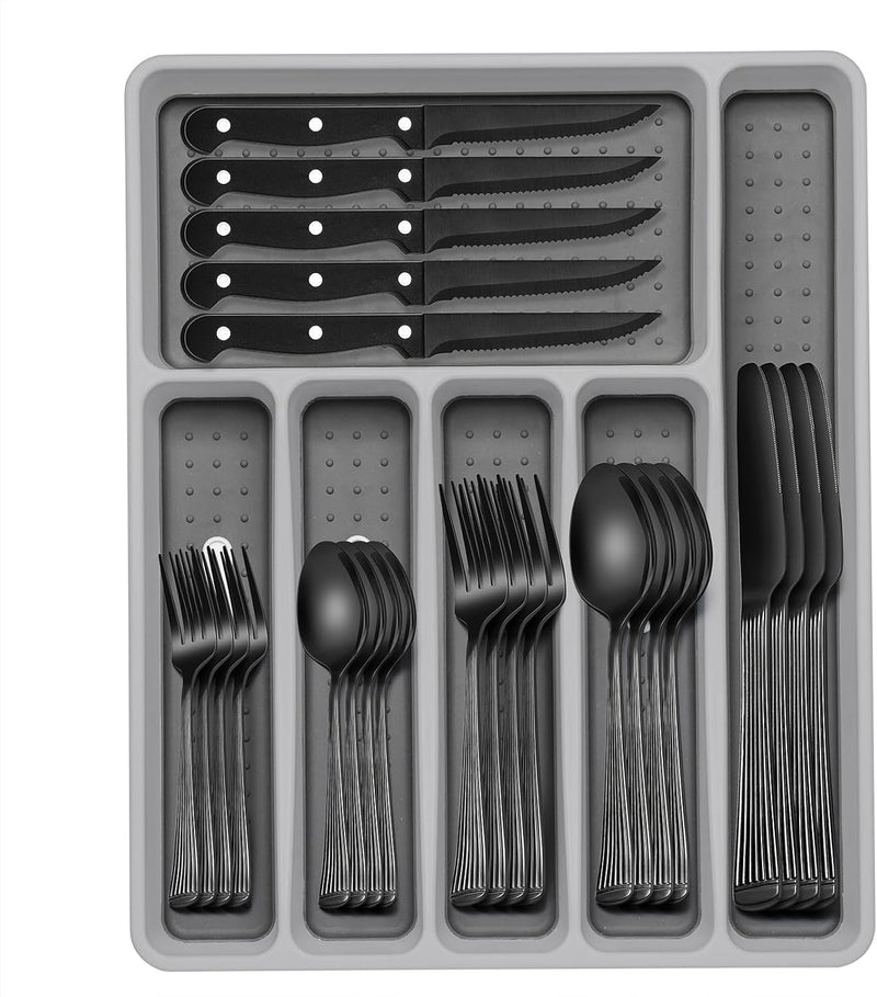 49-Piece Silverware Set with Organizer, Heavy Duty Stainless Steel Flatware for 8, Cutlery Utensil Sets with Steak Knives, Rust-Proof, Mirror Polished, Dishwasher Safe