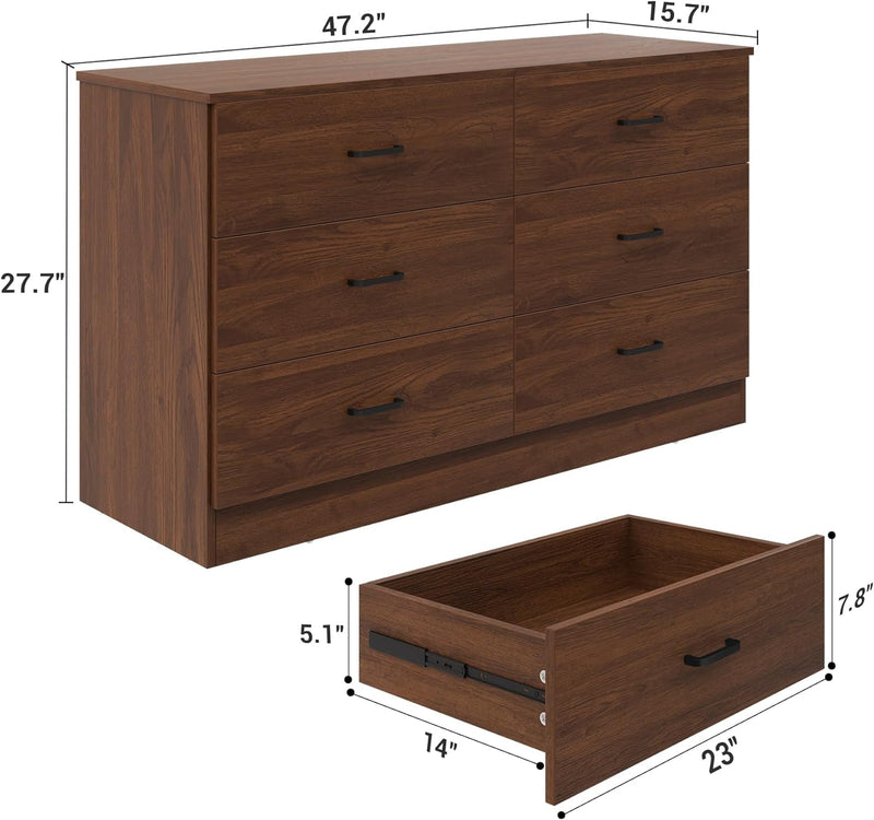 Bigbiglife 6 Drawer Wood Dresser, Wide Chest of Drawers, Bedroom Furniture, Clothes Storage and Organizer, 15.8" D X 47.2" W X 27.7" H, Walnut Brown