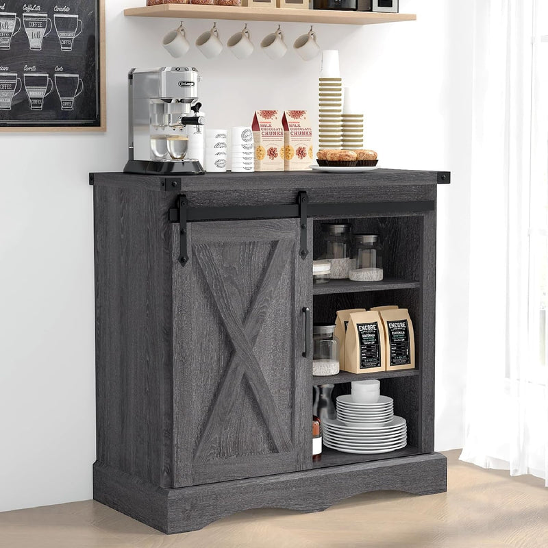 32" H Farmhouse Coffee Bar Cabinet W/Storage, Grey Kitchen Sideboard Buffet Cabinet with Sliding Barn Door, Rustic Accent Console with Adjustable Shelves, for Kitchen, Living Room