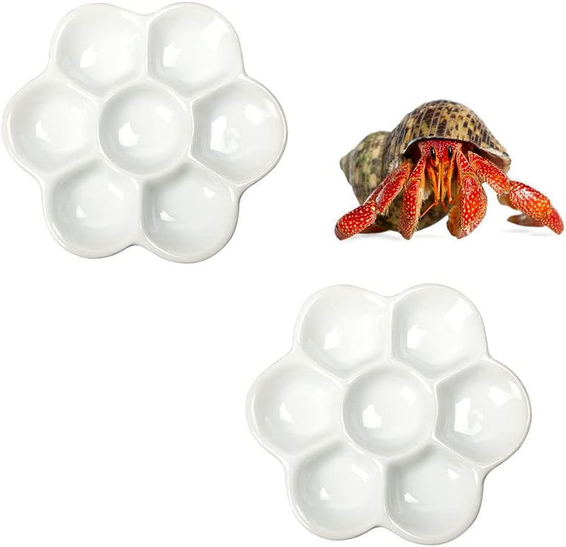 2 Pcs Hermit Crab Ceramic Food Dish, 7 Compartments Anti-Turning Food & Water Bowl (White)