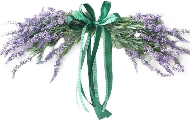 Artificial Lavender Flower Swag,21.6 Inch Simulation Lavender Flowers Swag Garland Wreath with Green Ribbon for Home Front Door/Wedding Table Centerpieces