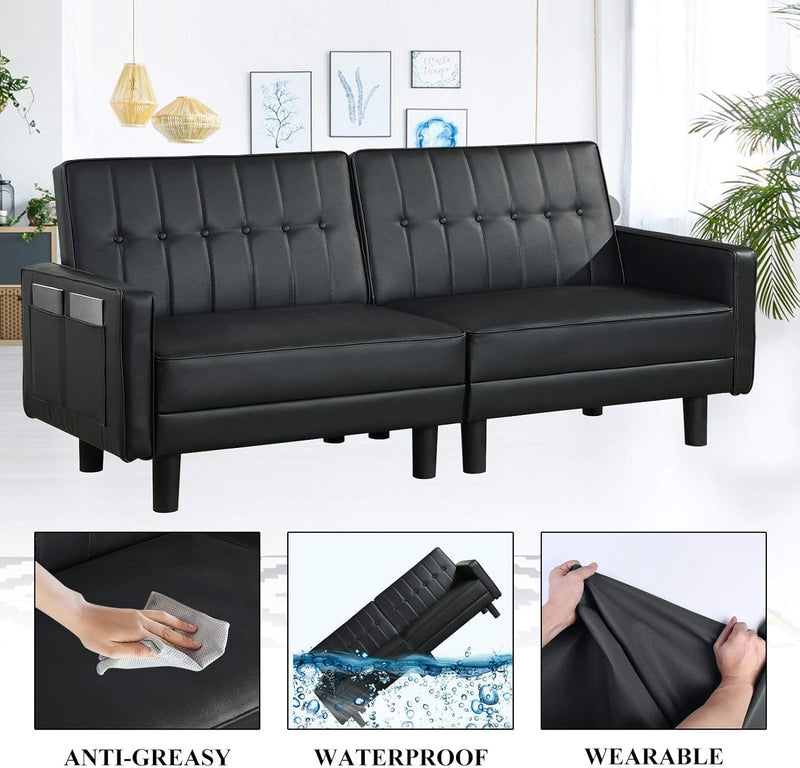 BINGTOO Futon Sofa Bed- Loveseat Sofa Sleeper with Adjustable Backrest- Convertible Chair Sleeper Bed for Compact Living Space, Apartment, Dorm- Leather Sleeper Sofa Bed Couch (Black)