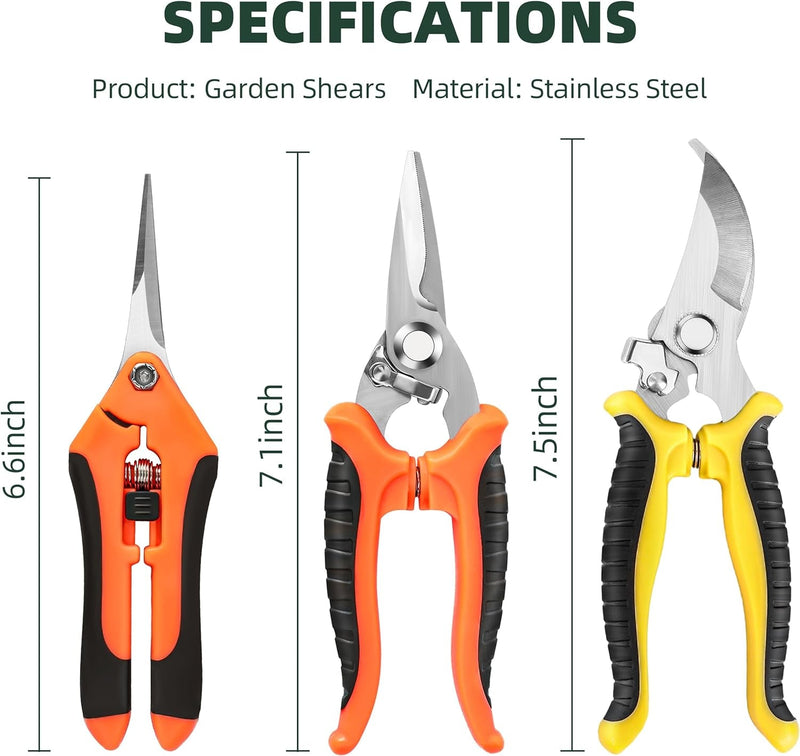 3 Pack Garden Pruning Shears, Stainless Steel Garden Shears, Gardening Shears, Gardening Scissors, Garden Scissors, Garden Clippers, Pruning Snips, Pruning Shears for Gardening Garden Tools